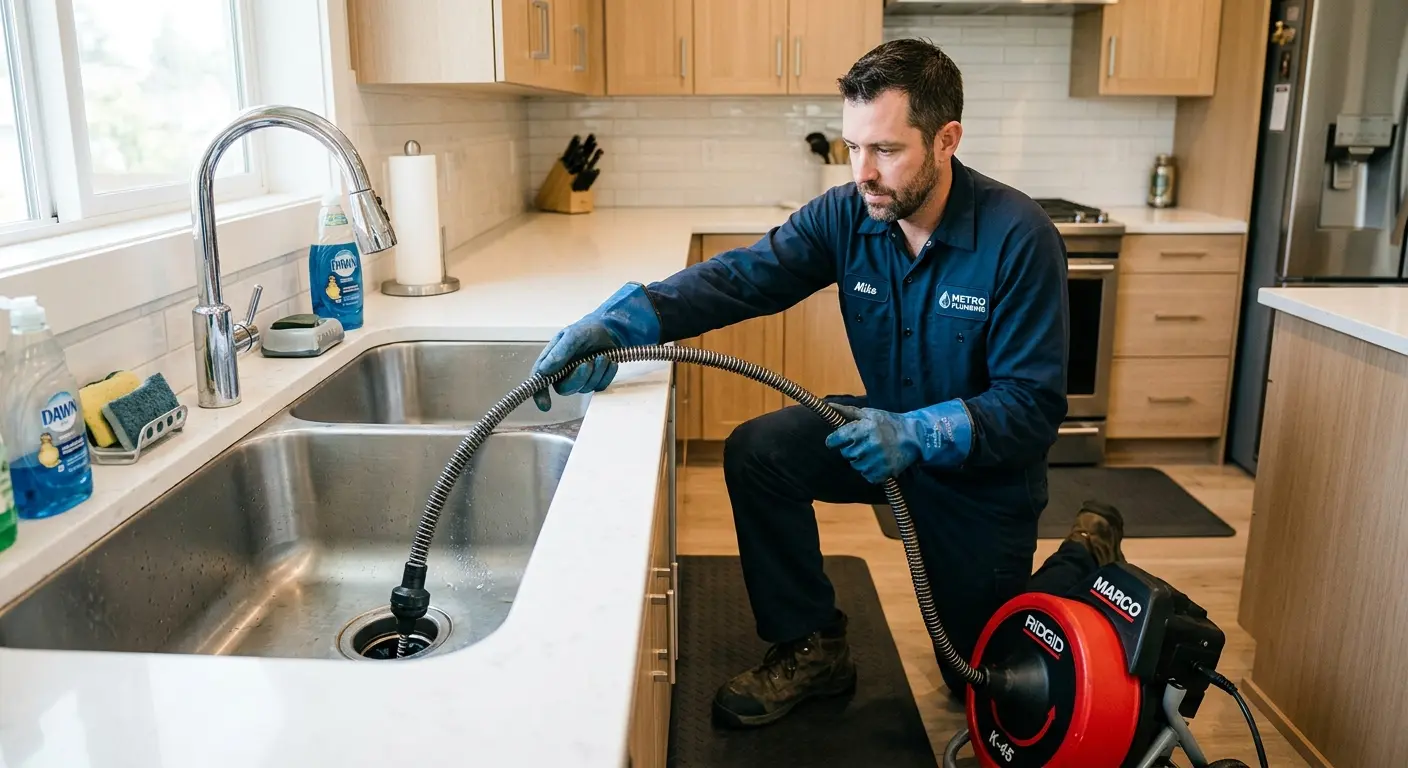 Drain cleaning technician using a motorized snake on a kitchen sink in Belle Chasse