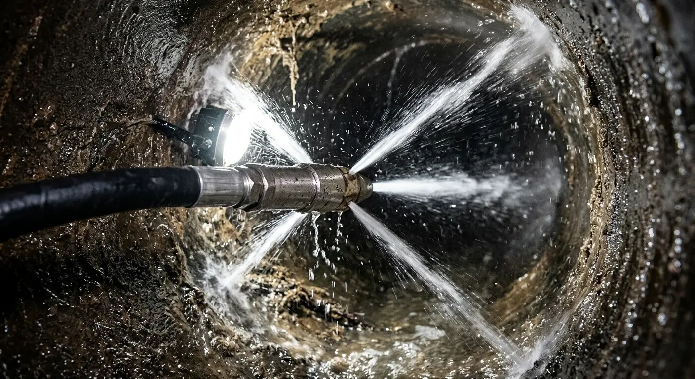 High-pressure hydro jetting nozzle cleaning sewer pipe for Trenchless Sewer Repair in Belle Chasse