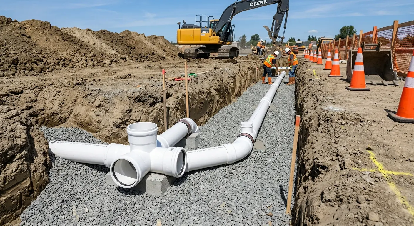 New PVC sewer pipe installation in open trench for Sewer Backup in Belle Chasse